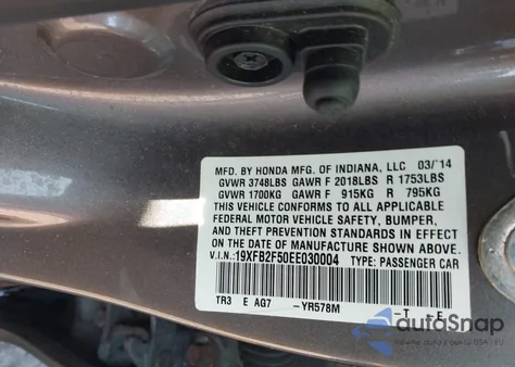 2014 Honda Civic Lx z USA, uszkodzony, nr VIN 19XFB2F50EE030004